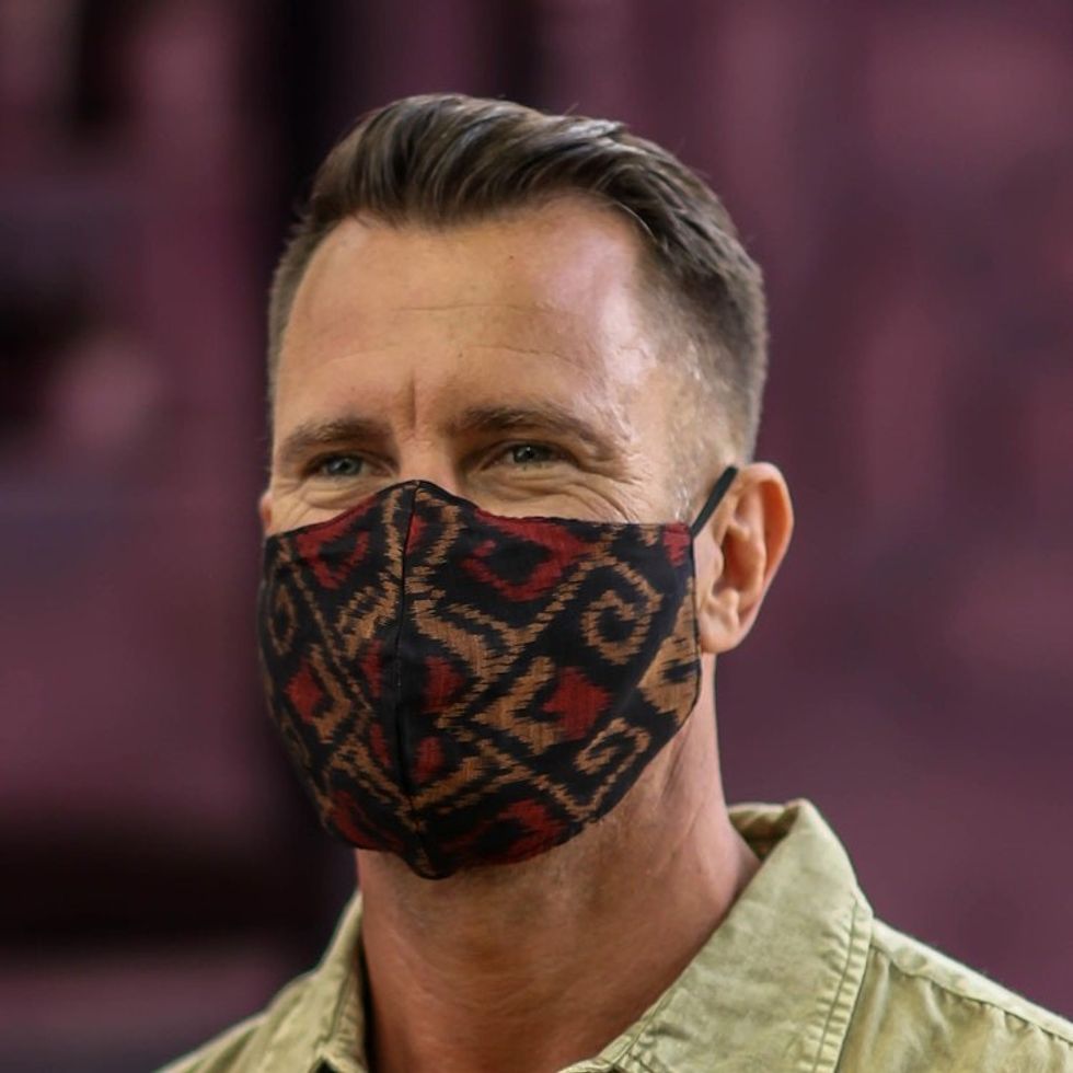 1 Black-1 Burgundy-1 Blue-2-Layer Contoured Ikat Cotton Mask 'Ikat Jewels'