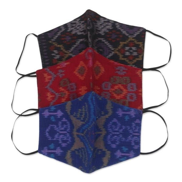 Alternate image for 1 Black-1 Burgundy-1 Blue-2-Layer Contoured Ikat Cotton Mask Ikat Jewels