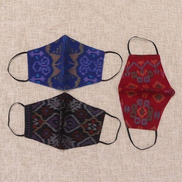 Alternate image for 1 Black-1 Burgundy-1 Blue-2-Layer Contoured Ikat Cotton Mask Ikat Jewels