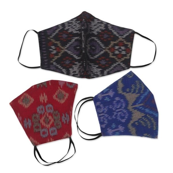 Alternate image for 1 Black-1 Burgundy-1 Blue-2-Layer Contoured Ikat Cotton Mask Ikat Jewels