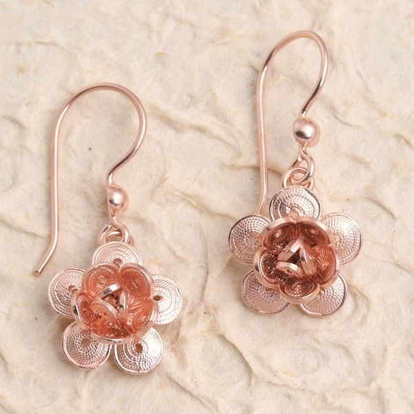 Alternate image for Hand Crafted Rose Gold Plated Flower Dangle Earrings Lucky Blossom