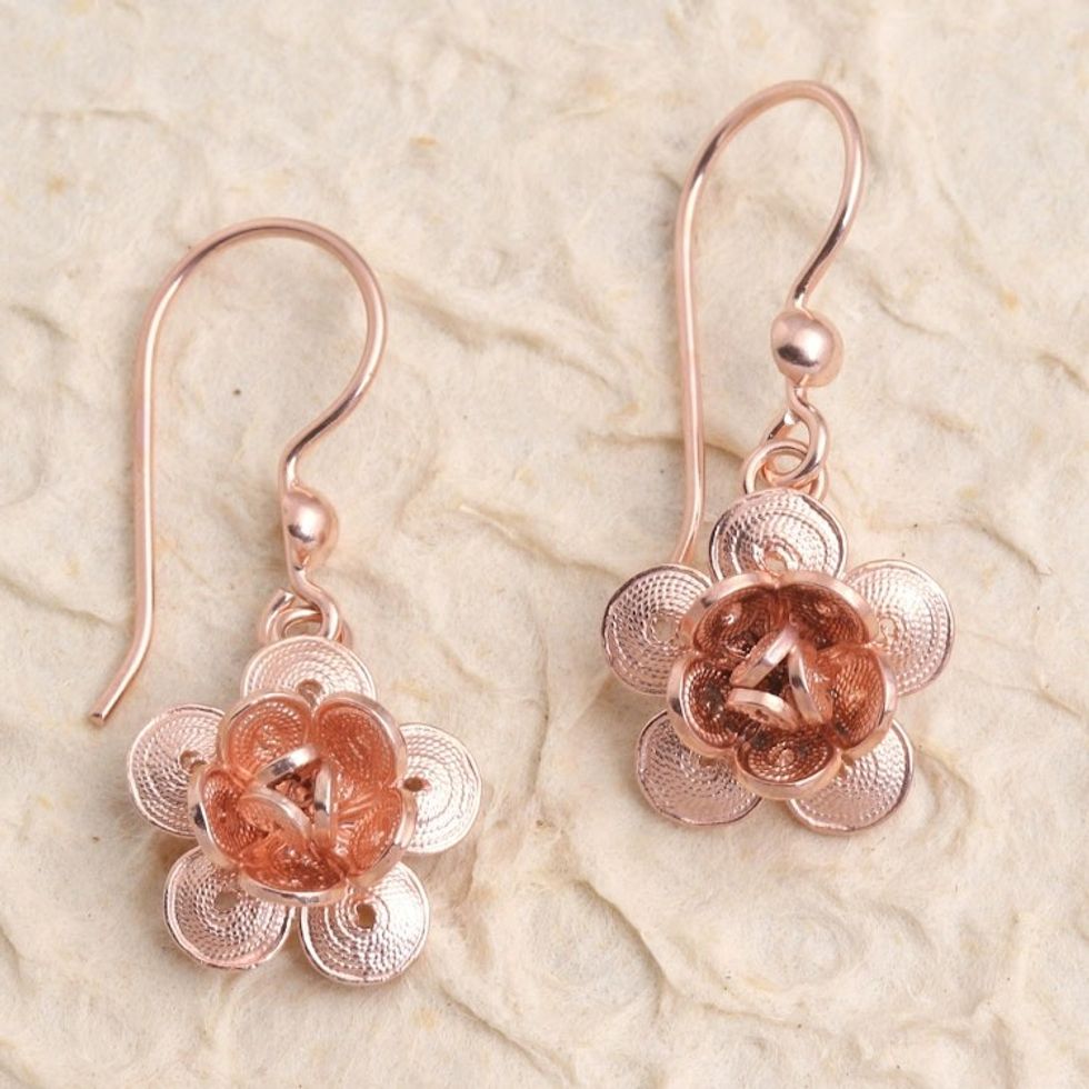 Hand Crafted Rose Gold Plated Flower Dangle Earrings 'Lucky Blossom'