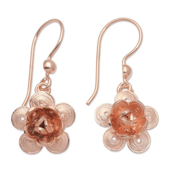 Alternate image for Hand Crafted Rose Gold Plated Flower Dangle Earrings Lucky Blossom