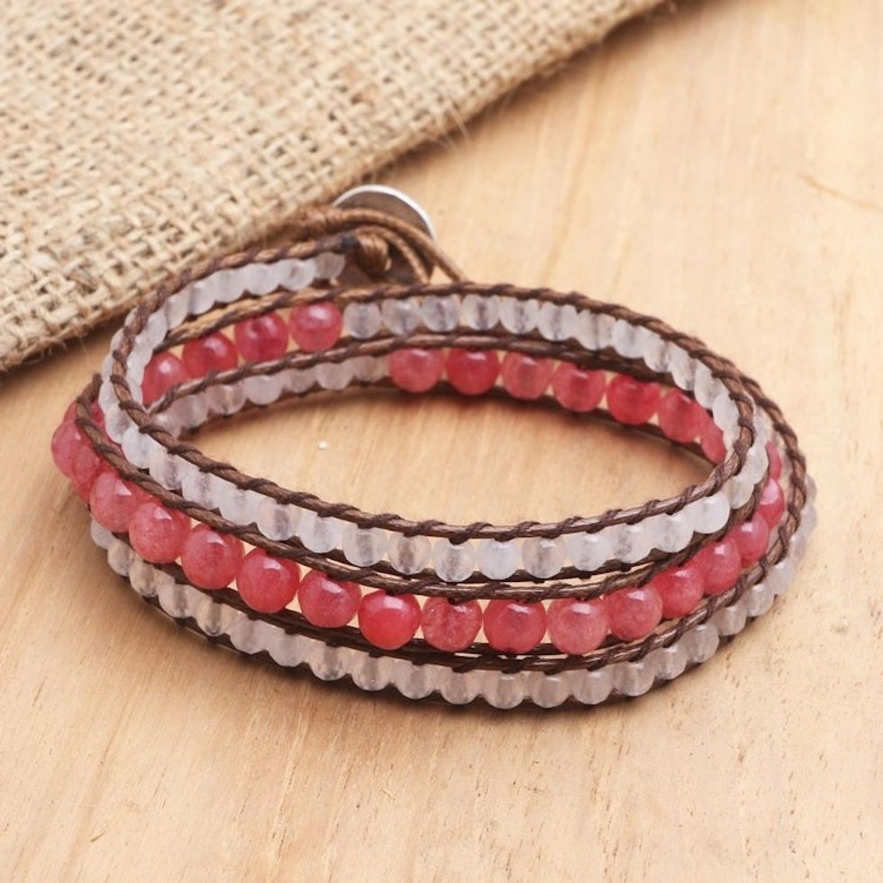 Hand Crafted Jade and Moonstone Beaded Wrap Bracelet 'Red Morning'