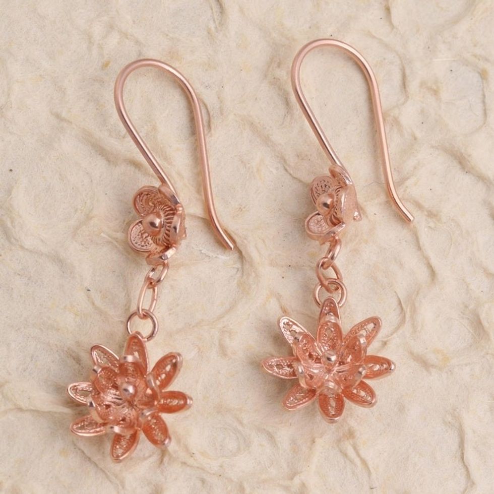 Hand Crafted Rose Gold Plated Flower Dangle Earrings 'Friendly Flowers'