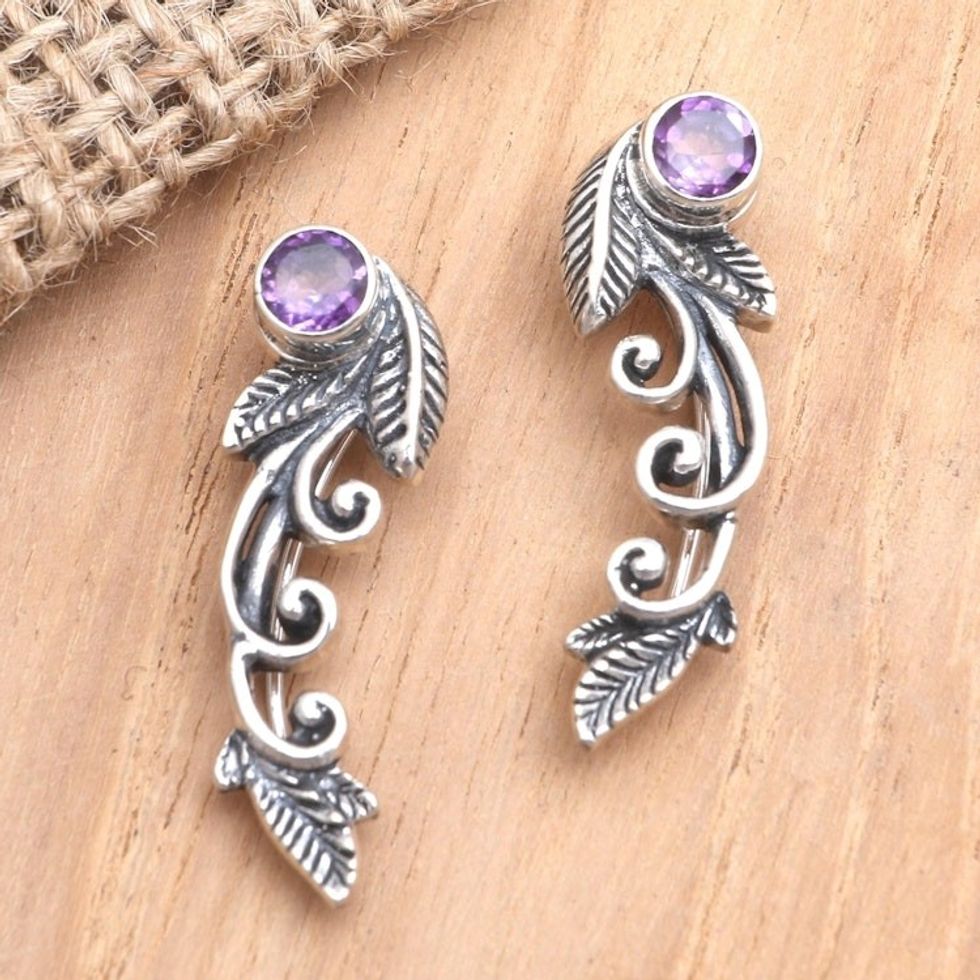 Sterling Silver and Amethyst Leaf-Motif Drop Earrings 'Prettiest Leaf'