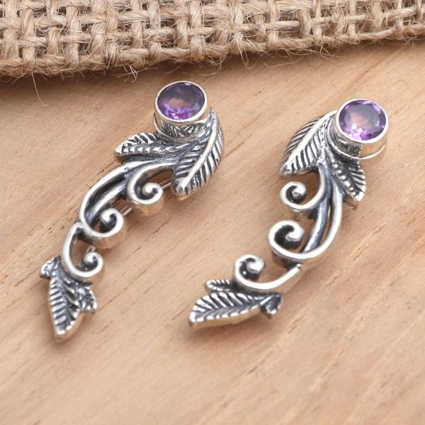 Alternate image for Sterling Silver and Amethyst Leaf-Motif Drop Earrings Prettiest Leaf
