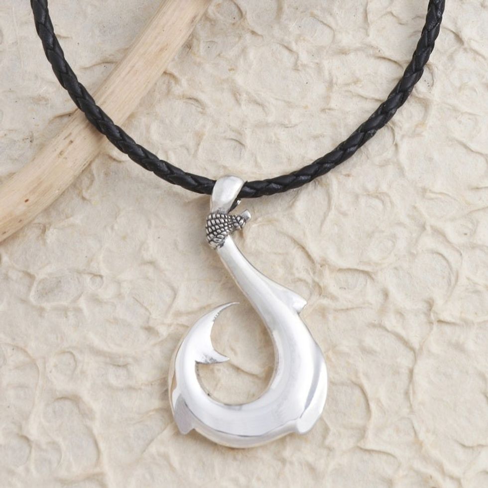Hand Crafted Sterling Silver and Leather Pendant Necklace 'Tremendous Hook'