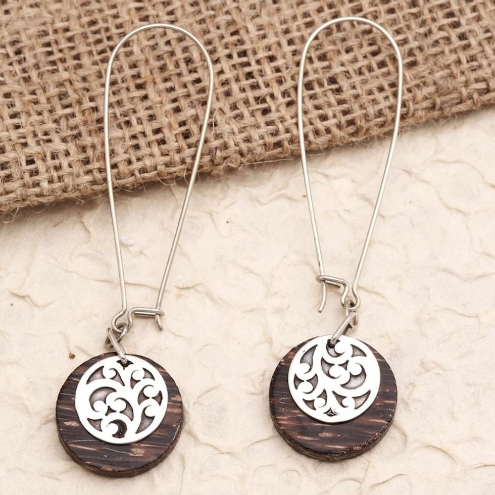 Balinese Coconut Wood Sterling Silver Dangle Earrings 'Circle Sulur'