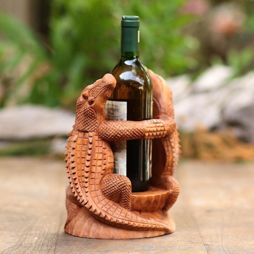 Hand Carved Suar Wood Crocodile Wine Holder 'Crocodile Embrace'