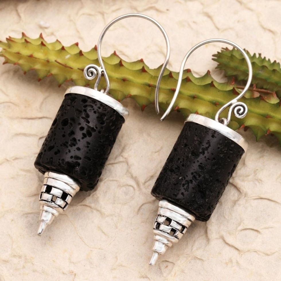 Lava Stone and Sterling Silver Dangle Earrings 'Stupa Pillar'