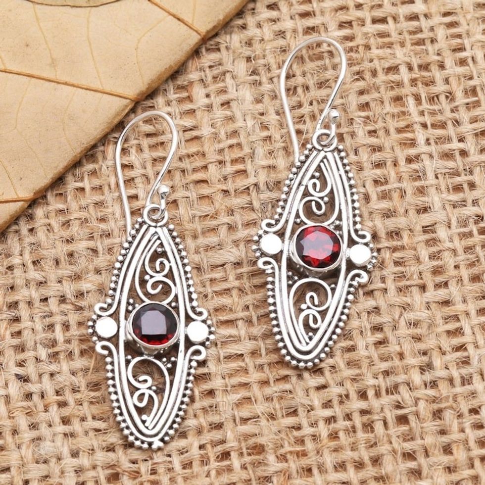Sterling Silver and Garnet Dangle Earrings 'Red Couple'