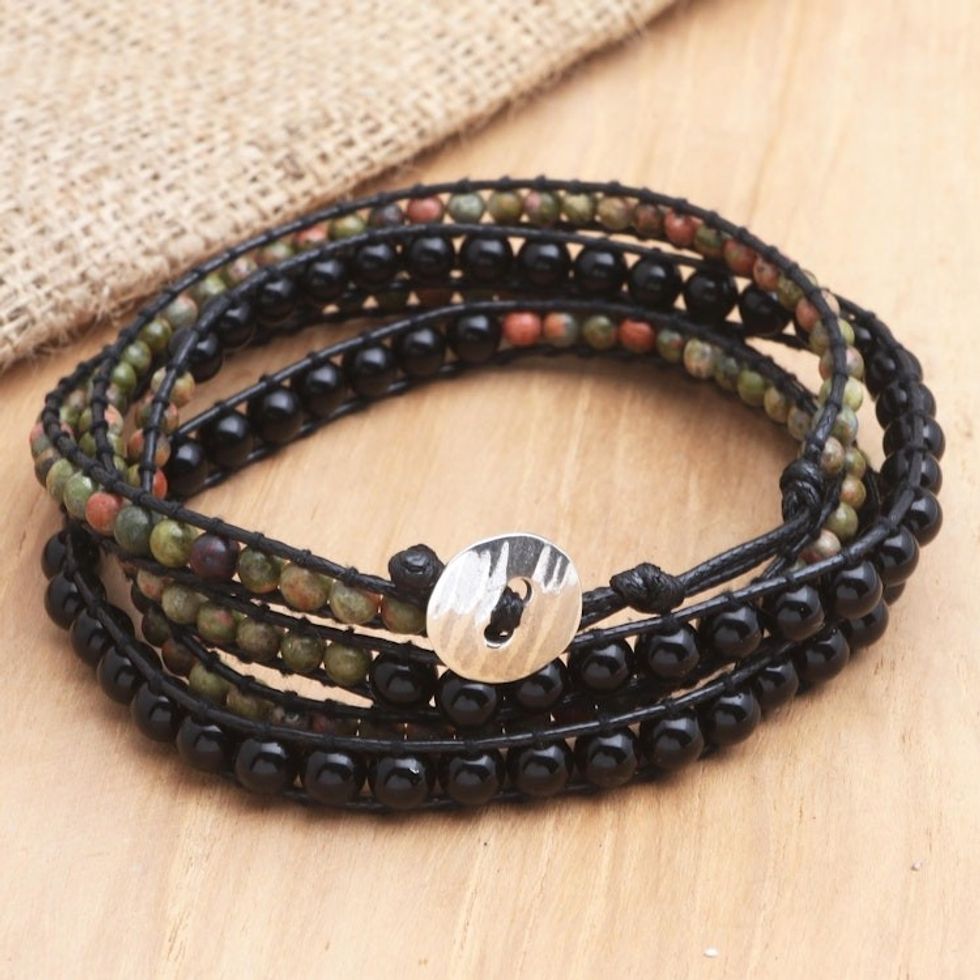 Hand Made Onyx and Jasper Beaded Wrap Bracelet 'Snake Eyes'