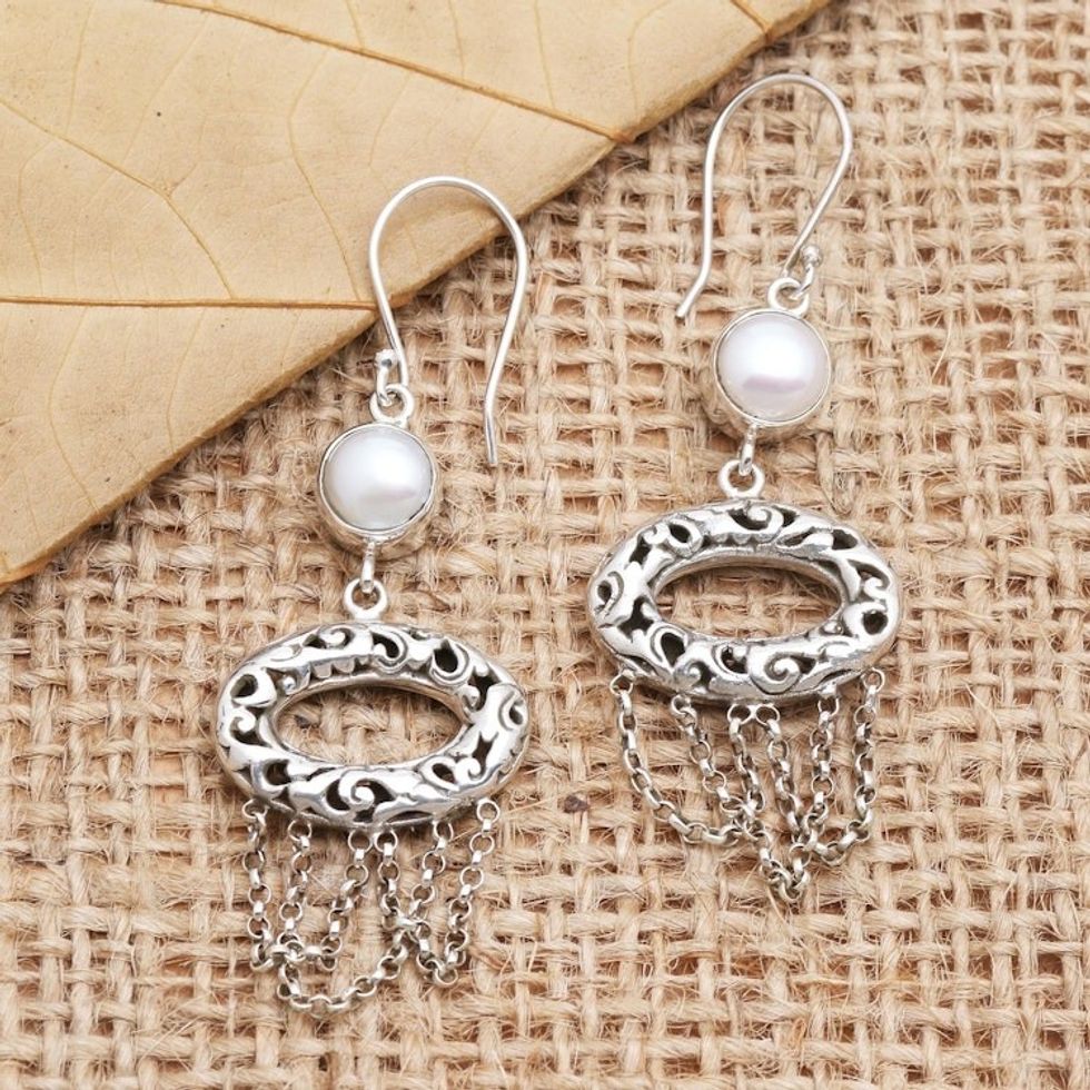 Artisan Made Sterling Silver and Cultured Pearl Earrings 'Buyan Lake in White'
