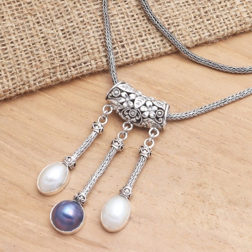 Cultured Mabe Pearl and Sterling Silver Pendant Necklace 'Three Defenders'