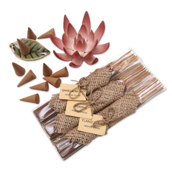 Alternate image for Ceramic Lotus Flower Aromatherapy Incense Boxed Set Blooming Lotus in Pink