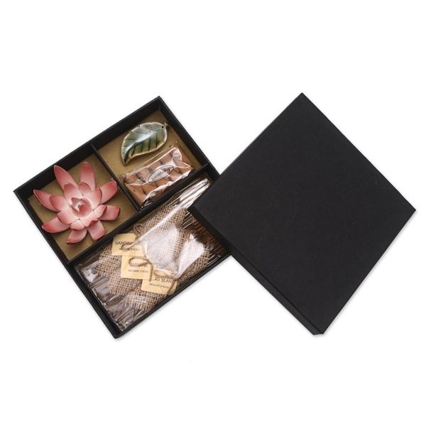 Alternate image for Ceramic Lotus Flower Aromatherapy Incense Boxed Set Blooming Lotus in Pink