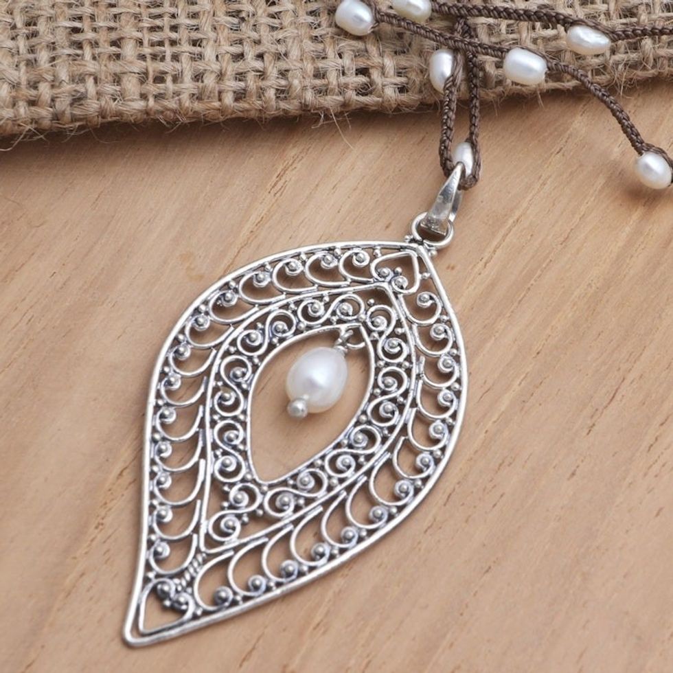 Sterling Silver and Cultured Pearl Pendant Necklace 'Miana Leaves'