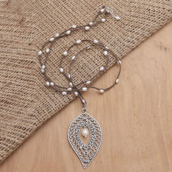 Alternate image for Sterling Silver and Cultured Pearl Pendant Necklace Miana Leaves