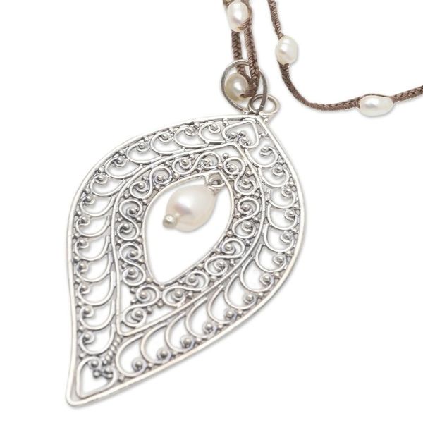 Alternate image for Sterling Silver and Cultured Pearl Pendant Necklace Miana Leaves