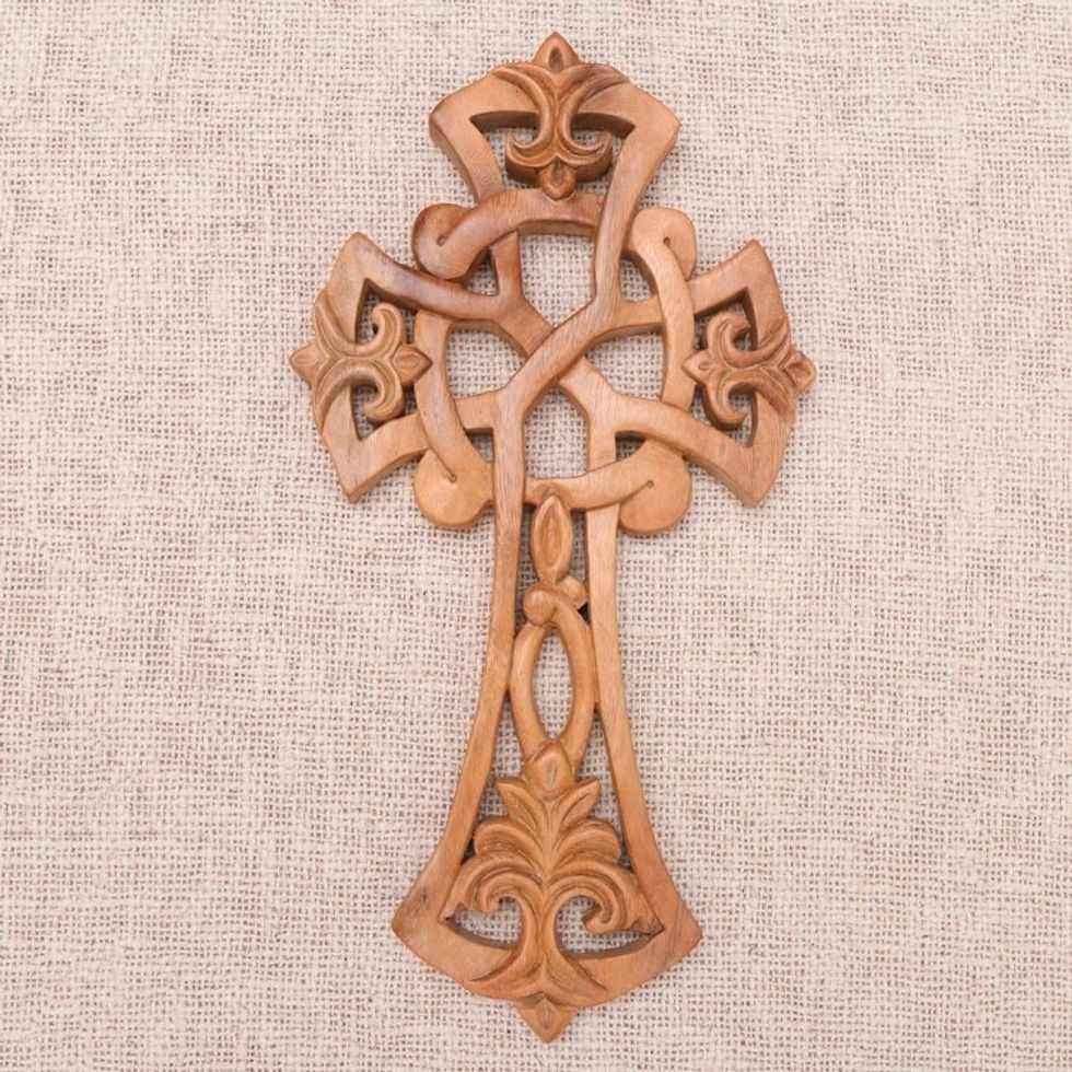 Hand Carved Wood Cross with Balinese Design Motif 'Beauty in Bali'