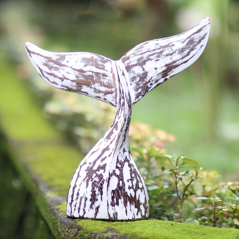 White Albesia Wood Whale Tale Statuette 'Whale Tale in White'