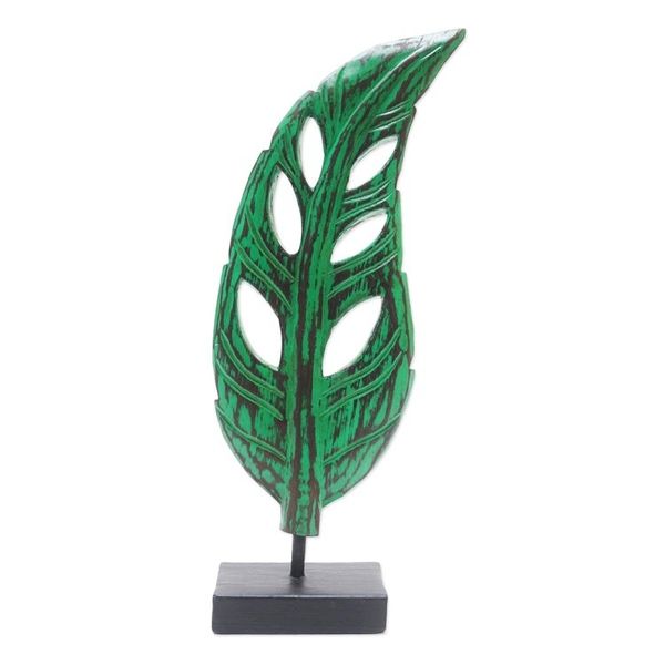 Alternate image for Hand Crafted Albesia Wood Leaf Statuette Lucky Leaves in Green