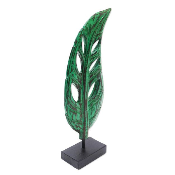 Alternate image for Hand Crafted Albesia Wood Leaf Statuette Lucky Leaves in Green
