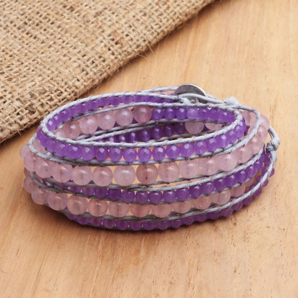 Handmade Amethyst and Rose Quartz Beaded Wrap Bracelet 'Purple Haze'