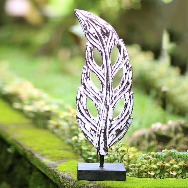 Alternate image for Handmade Albesia Wood Leaf Statuette Lucky Leaves in White