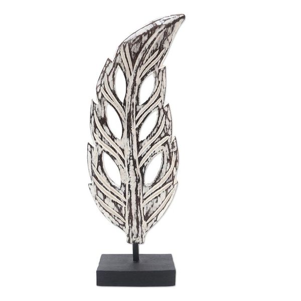 Alternate image for Handmade Albesia Wood Leaf Statuette Lucky Leaves in White