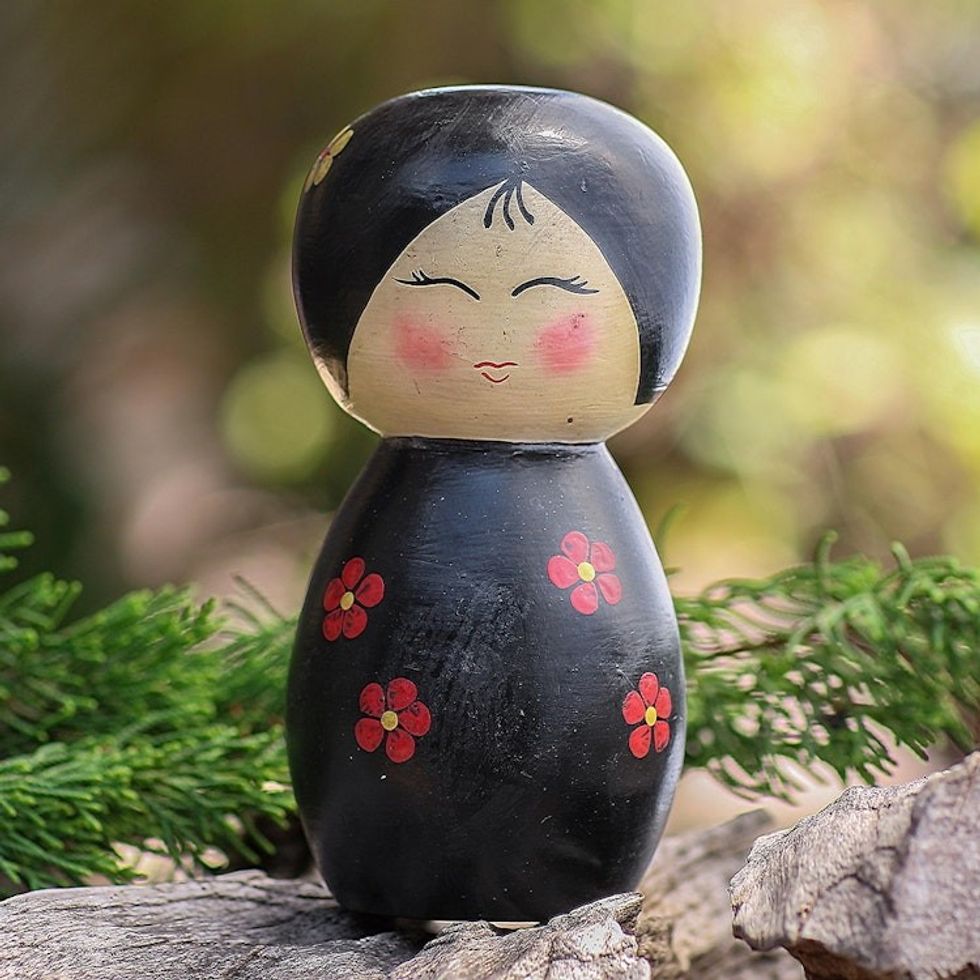 Small Albesia Wood Statuette in Black 'Shy Lady in Black'