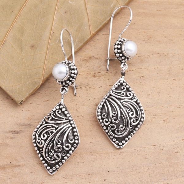 Alternate image for Handmade Sterling Silver Pearl Dangle Earrings Curving Tendrils