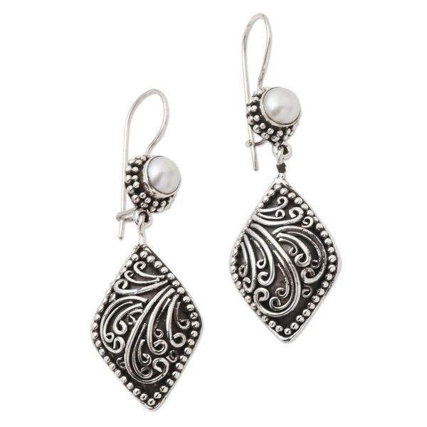 Alternate image for Handmade Sterling Silver Pearl Dangle Earrings Curving Tendrils