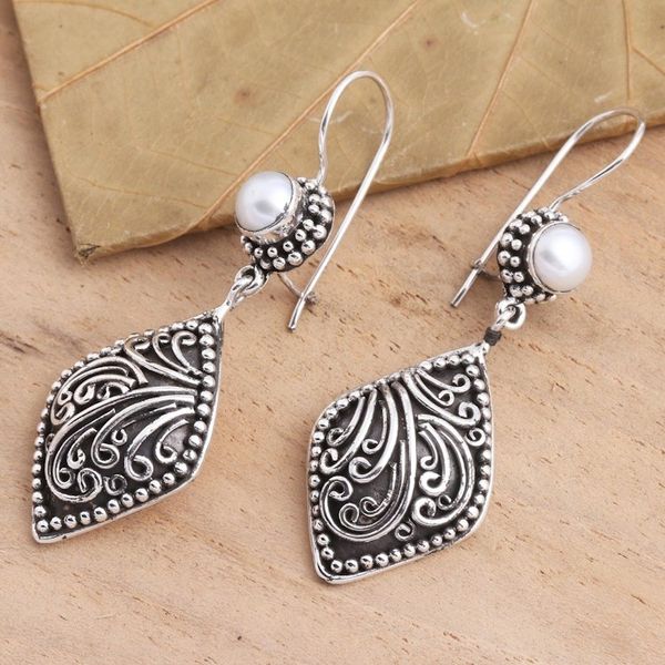 Alternate image for Handmade Sterling Silver Pearl Dangle Earrings Curving Tendrils