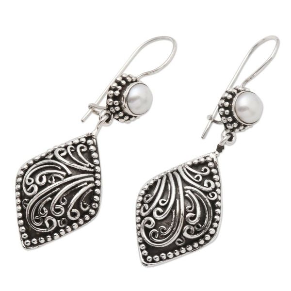 Alternate image for Handmade Sterling Silver Pearl Dangle Earrings Curving Tendrils