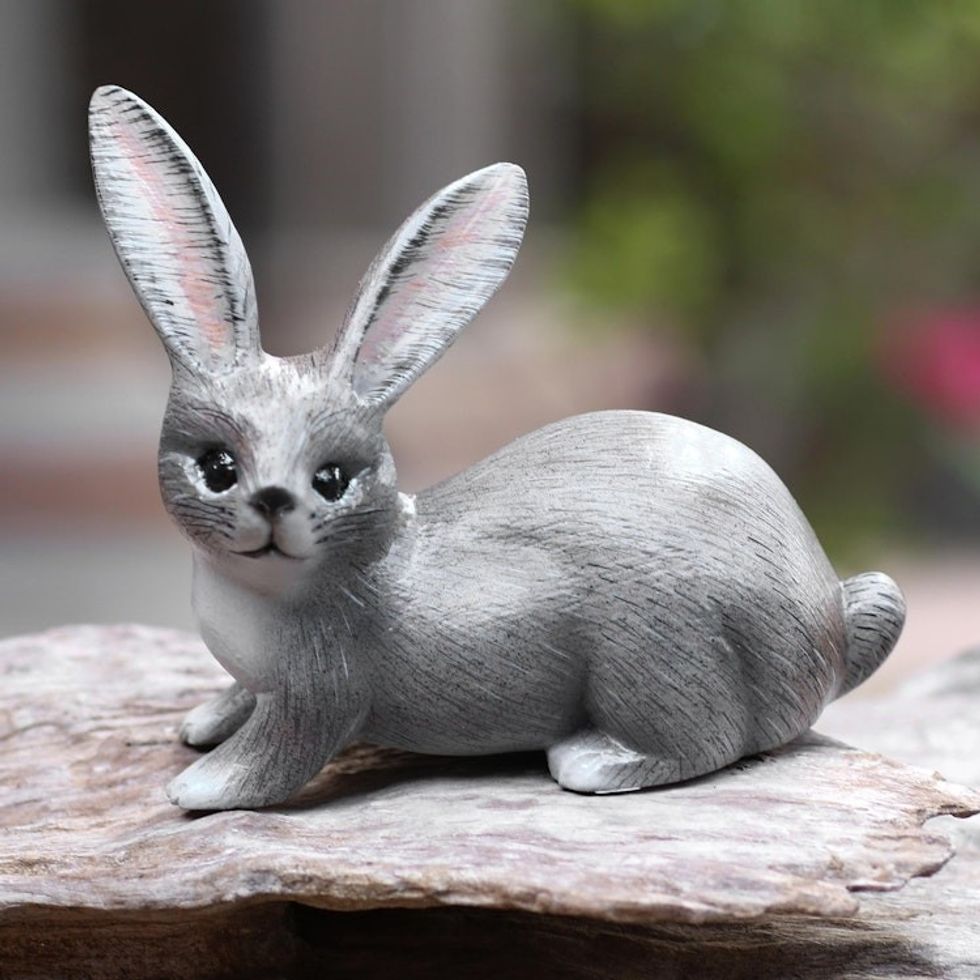 Hand Painted Suar Wood Rabbit Figurine 'Wise Rabbit in Grey'
