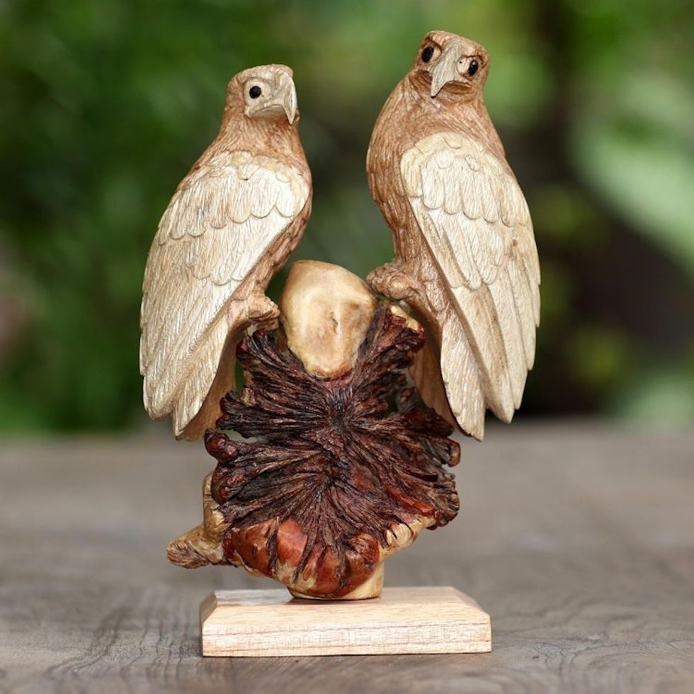 Hand Carved Suar Wood Eagle Sculpture 'Patient Eagles'
