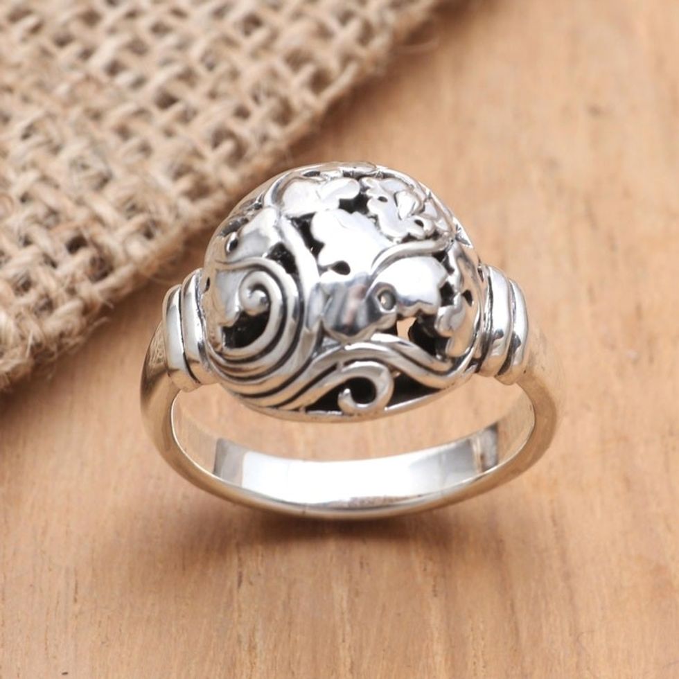 Artisan Crafted Sterling Silver Cocktail Ring 'Traditional Leaves'