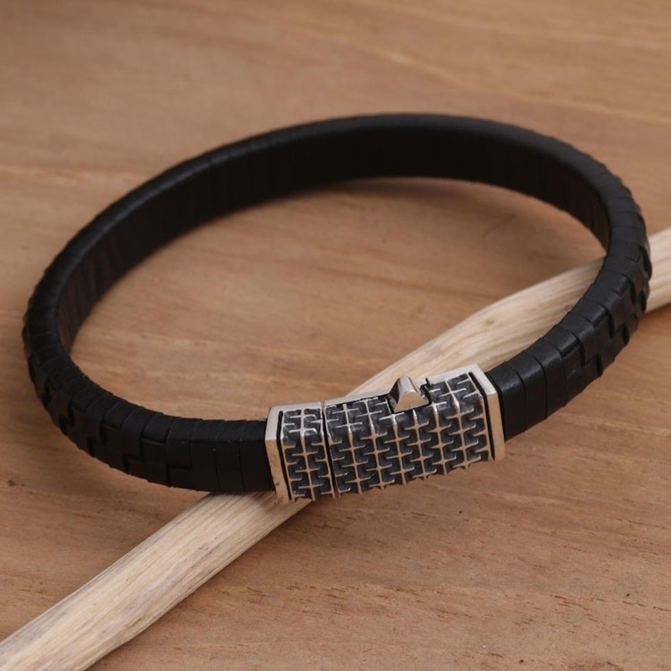 Hand Crafted Sterling Silver and Leather Braided Bracelet 'Order of the Cross'