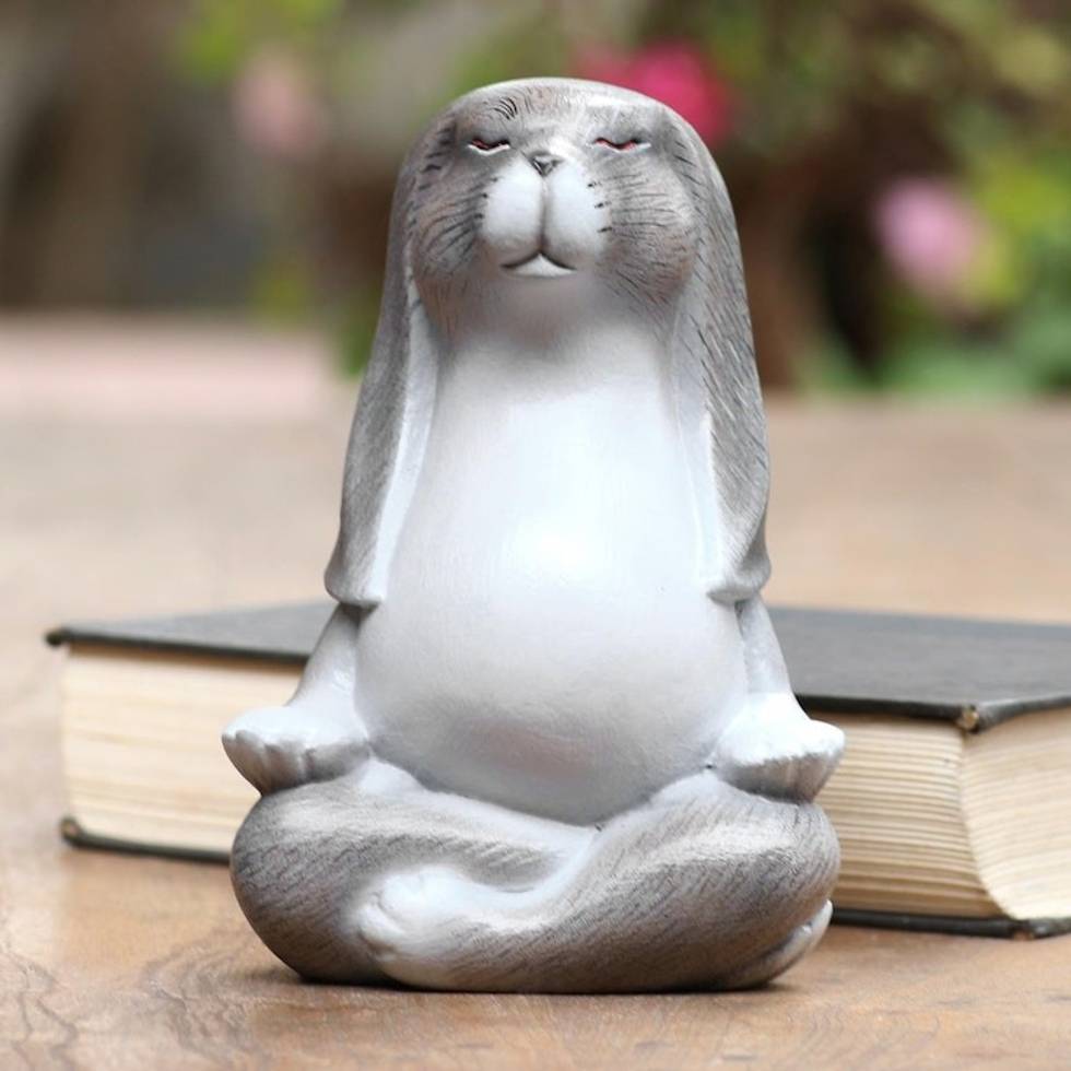 Hand Carved Suar Wood Bunny Statuette 'Pregnant Yoga'