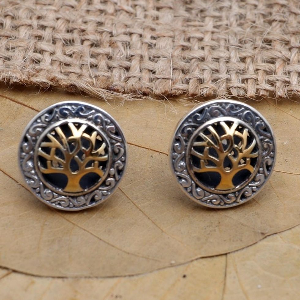 Gold-Accented Tree-Themed Button Earrings 'Golden Banyan Tree'