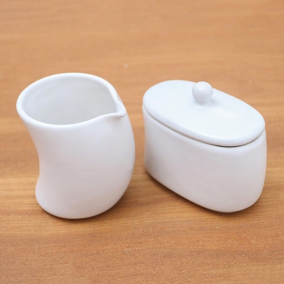White Ceramic Cream and Sugar Condiment Set Pair 'Sweet Morning in White'