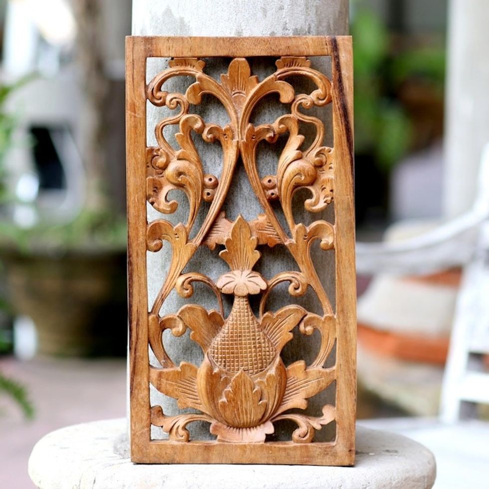 Hand Carved Suar Wood Relief Panel 'Paisley Flower'