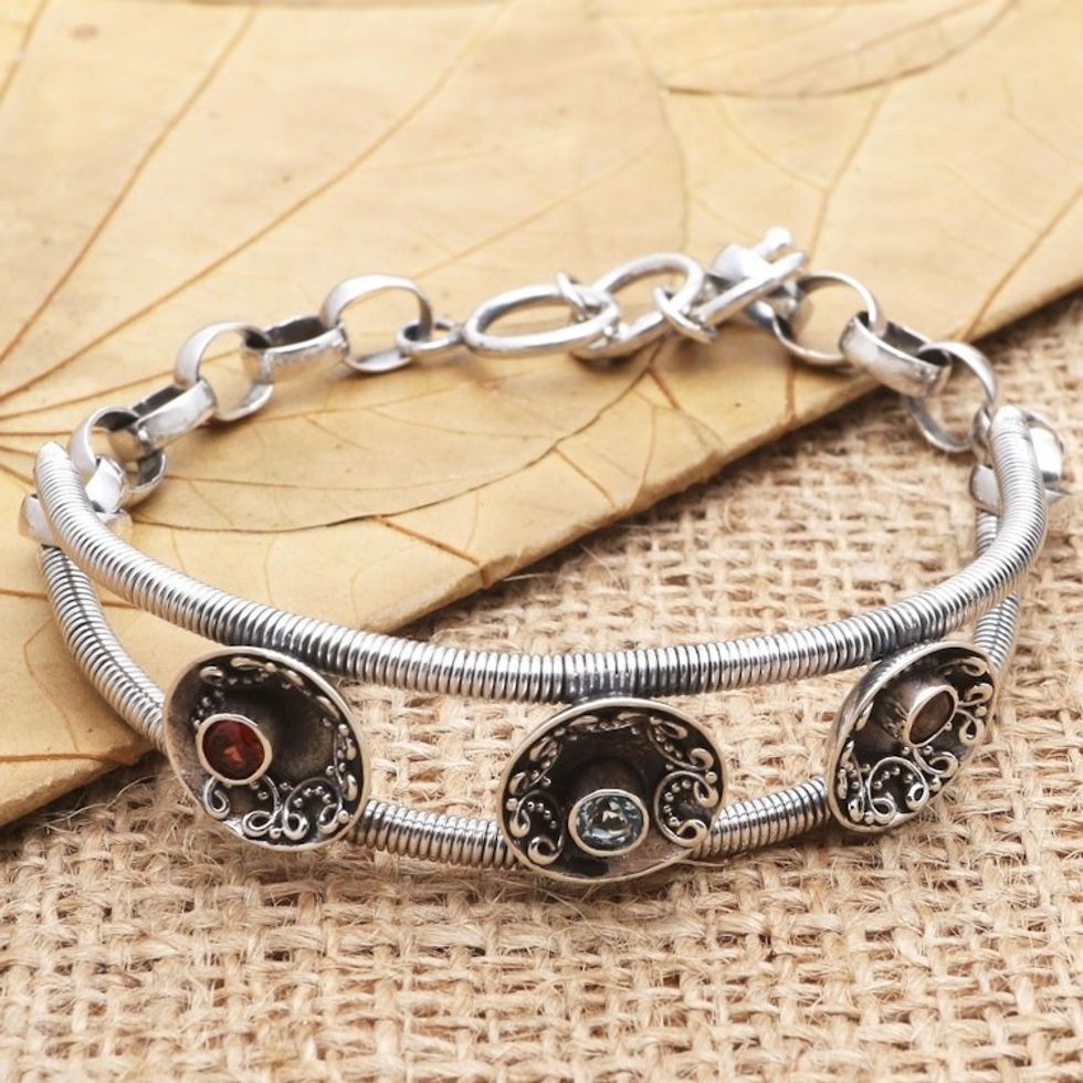 Garnet and Blue Topaz Pendant Bracelet from Java 'Cup of Love'