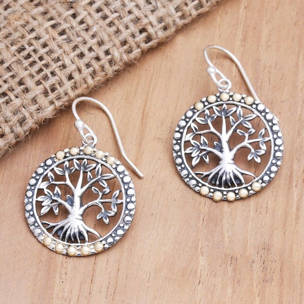 Gold-Accented Tree-Motif Dangle Earrings 'Venerable Banyan Tree'