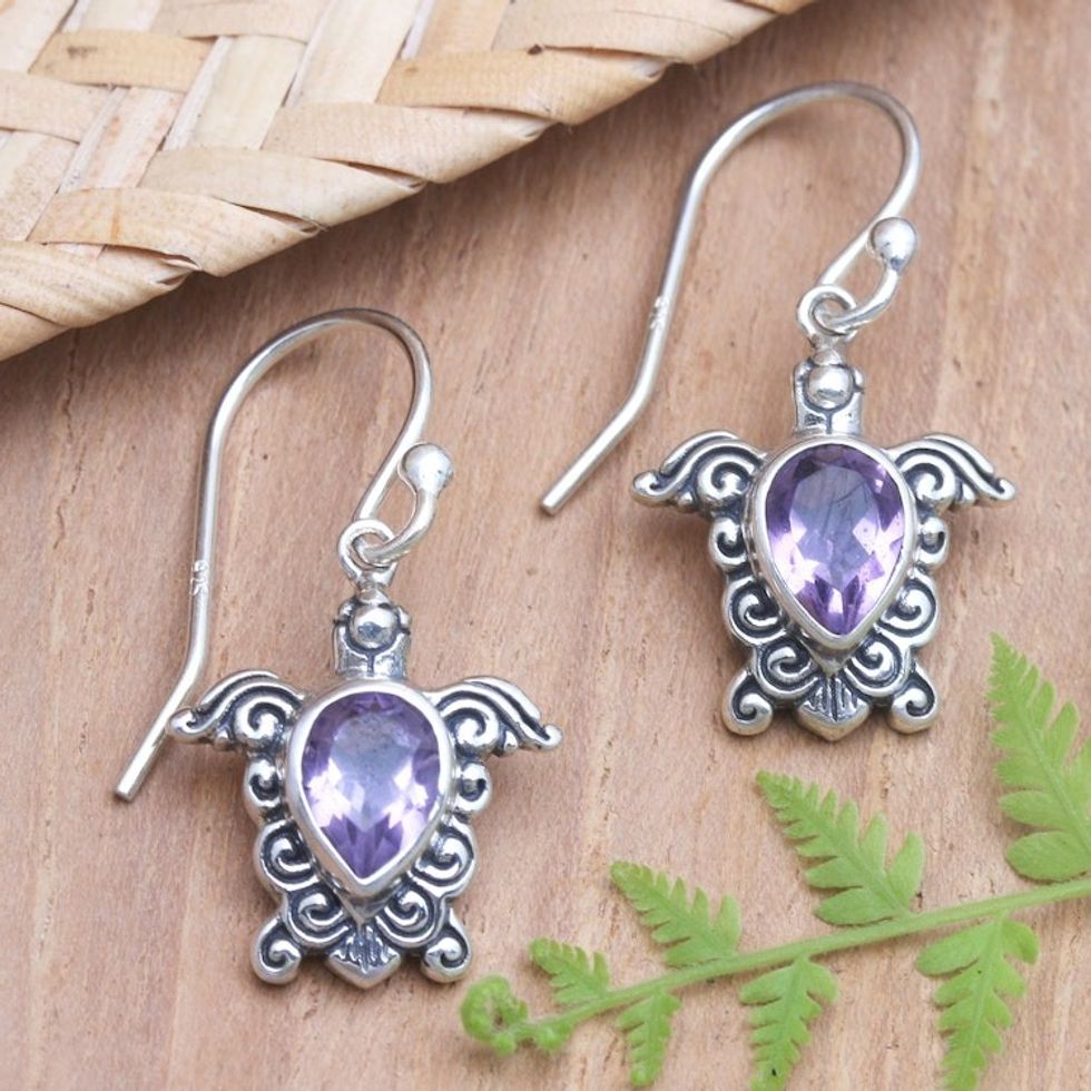 Handmade Amethyst Dangle Earrings with Turtle Motif 'Shell Game in Purple'