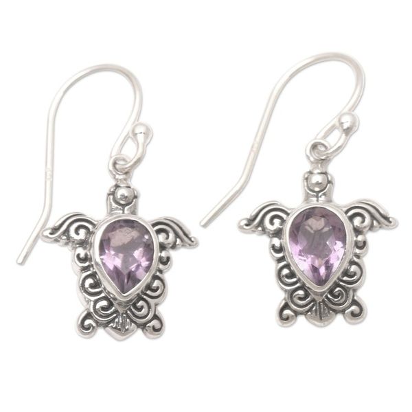 Alternate image for Handmade Amethyst Dangle Earrings with Turtle Motif Shell Game in Purple
