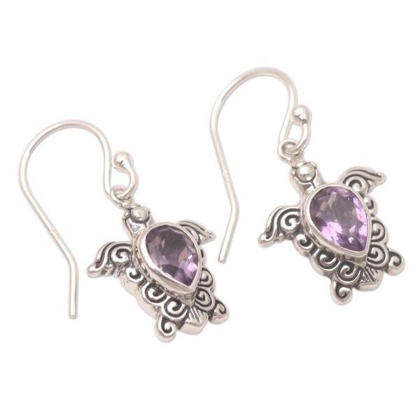 Alternate image for Handmade Amethyst Dangle Earrings with Turtle Motif Shell Game in Purple