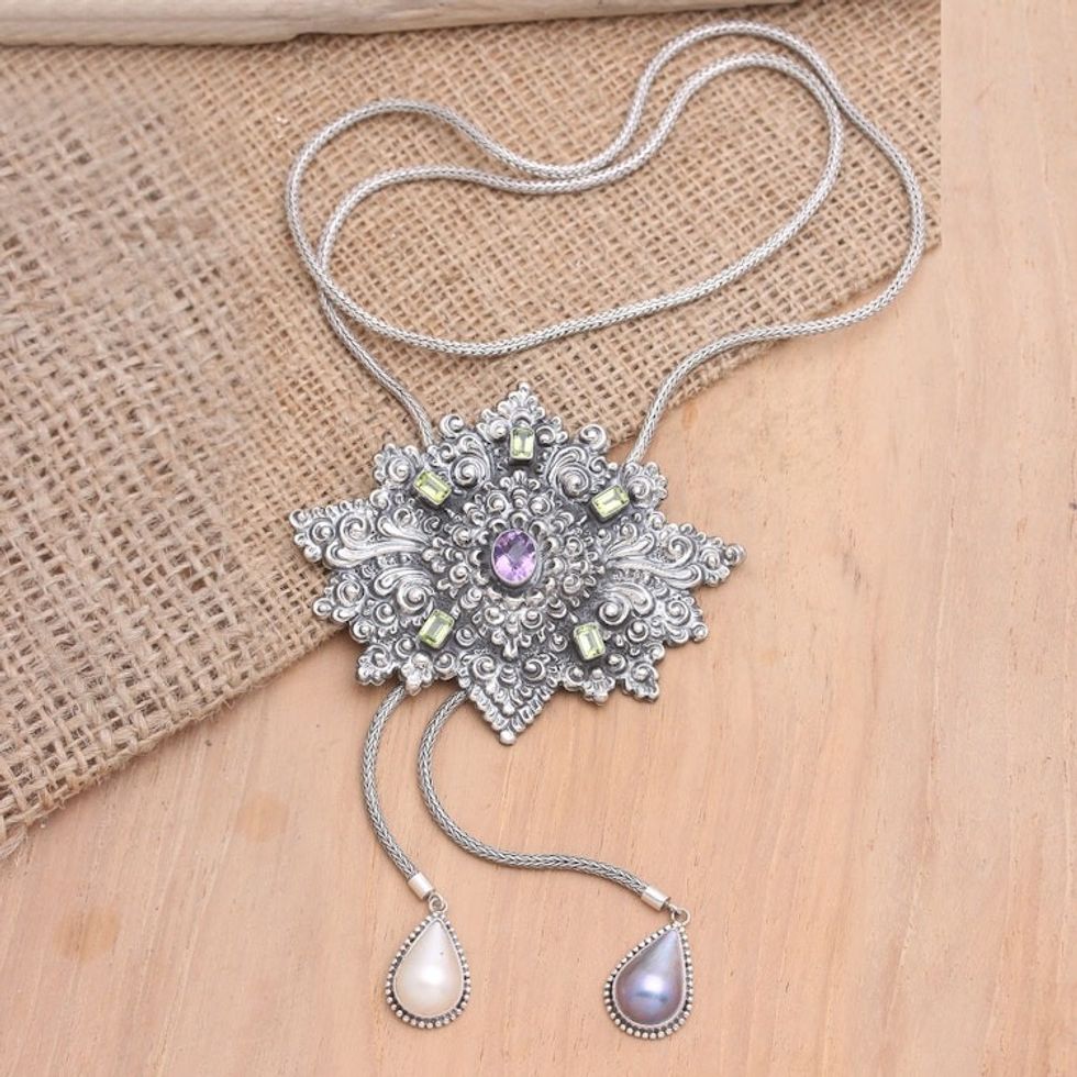 Balinese Amethyst and Peridot Pendant Necklace 'Star Power'